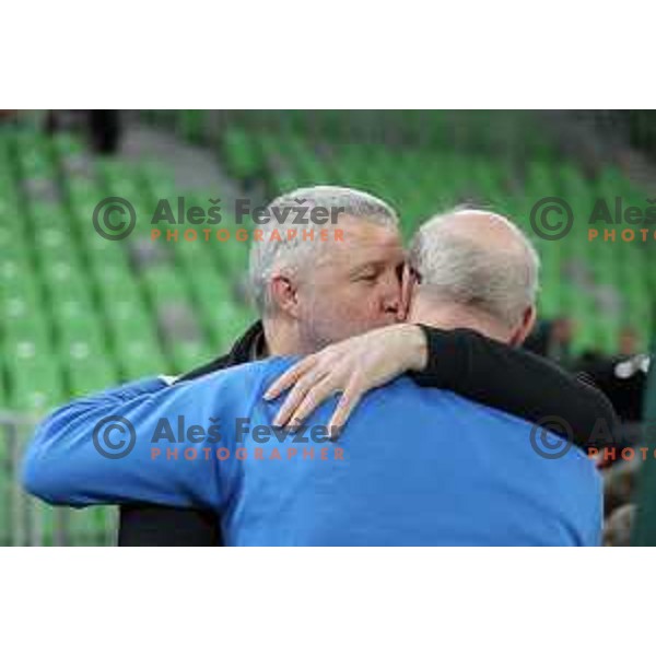 Walter Jeklin and Dusan Hauptman prior to ABA league 2022-2033 regular season match between Cedevita Olimpija and Buducnost in Ljubljana, Slovenia on January 29, 2023