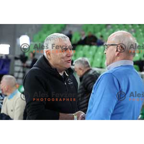 Zoran Predin and Dusan Hauptmann prior to ABA league 2022-2033 regular season match between Cedevita Olimpija and Buducnost in Ljubljana, Slovenia on January 29, 2023