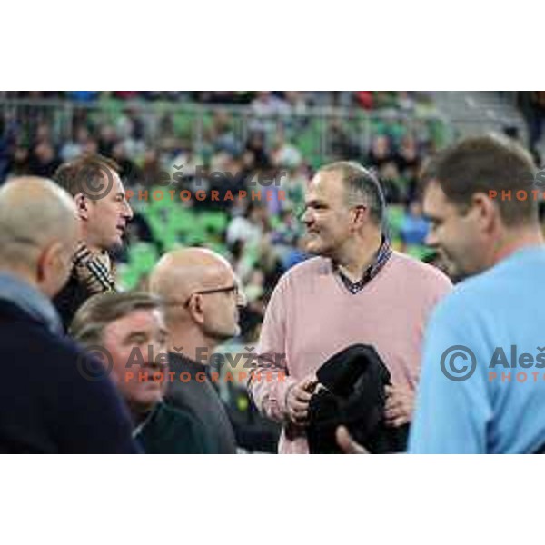 Primoz Brezec and Mario Kraljevic at jersey retirement ceremony at ABA league 2022-2033 regular season match between Cedevita Olimpija and Buducnost in Ljubljana, Slovenia on January 29, 2023