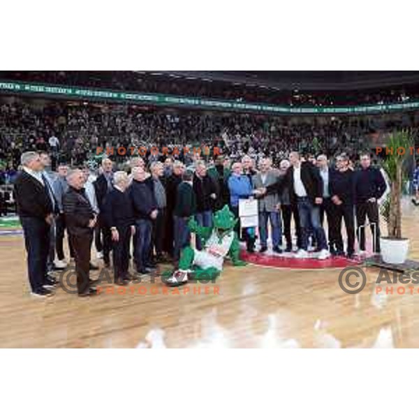 Dusan Hauptman at jersey retirement ceremony at ABA league 2022-2033 regular season match between Cedevita Olimpija and Buducnost in Ljubljana, Slovenia on January 29, 2023