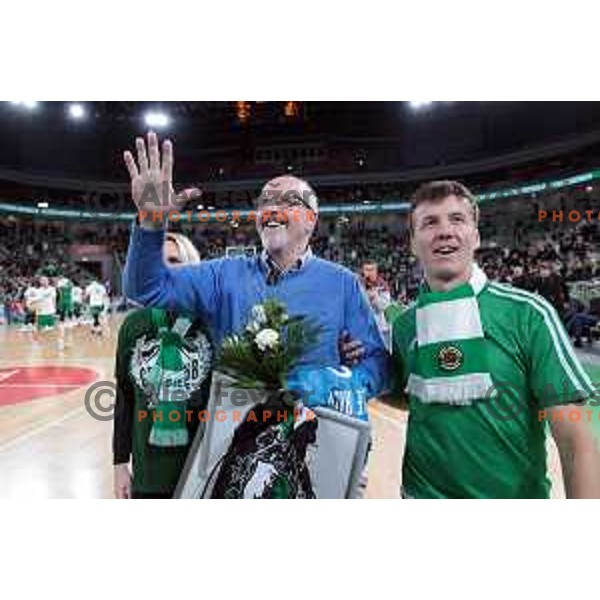 Dusan Hauptman at jersey retirement ceremony at ABA league 2022-2033 regular season match between Cedevita Olimpija and Buducnost in Ljubljana, Slovenia on January 29, 2023