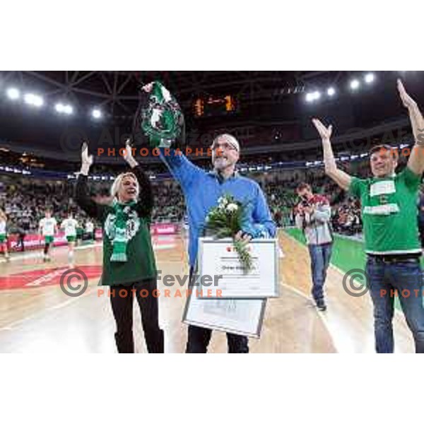 Dusan Hauptman at jersey retirement ceremony at ABA league 2022-2033 regular season match between Cedevita Olimpija and Buducnost in Ljubljana, Slovenia on January 29, 2023