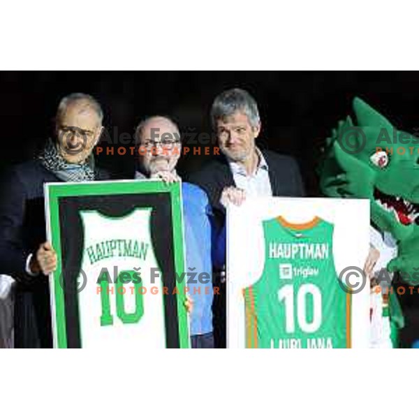 Emil Tedeschi, Dusan Hauptman and Tomaz Berlocnik at jersey retirement ceremony at ABA league 2022-2033 regular season match between Cedevita Olimpija and Buducnost in Ljubljana, Slovenia on January 29, 2023