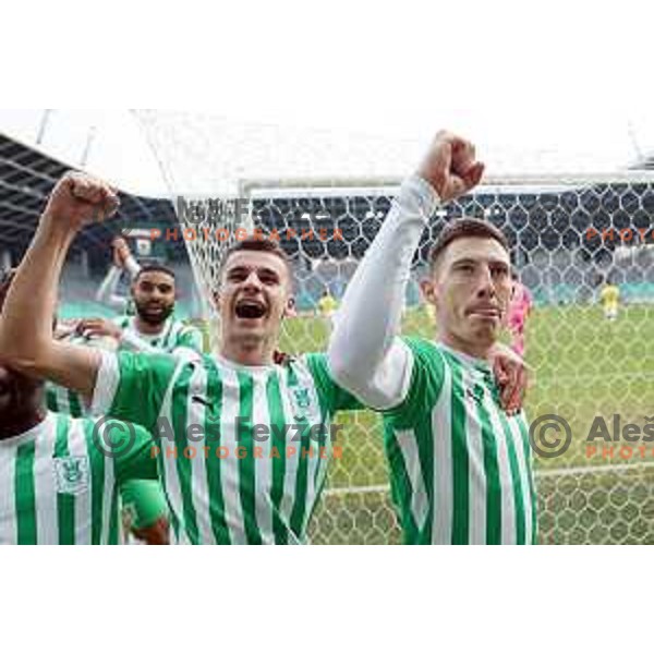 Mario Kvesic of Olimpija scores penalty and celebrates goal during Prva Liga Telemach 2022-2023 football match between Olimpija and Bravo in SRC Stozice, Ljubljana, Slovenia on February 11, 2023