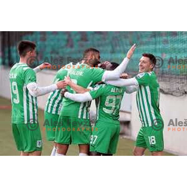 Mario Kvesic of Olimpija scores penalty and celebrates goal during Prva Liga Telemach 2022-2023 football match between Olimpija and Bravo in SRC Stozice, Ljubljana, Slovenia on February 11, 2023
