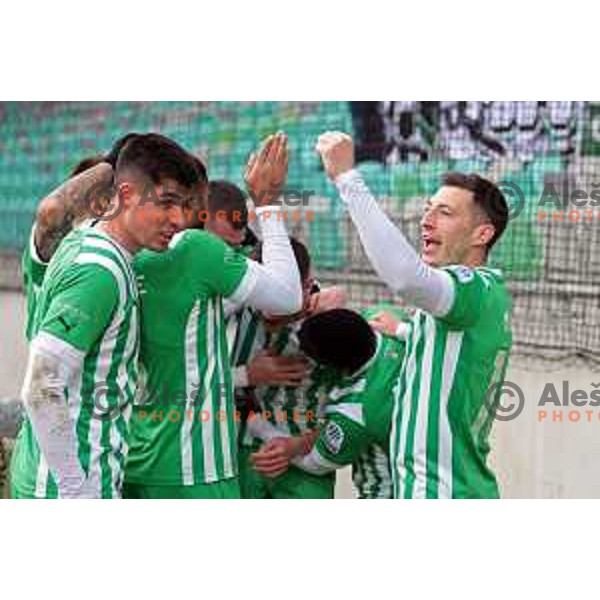 Mario Kvesic of Olimpija scores penalty and celebrates goal during Prva Liga Telemach 2022-2023 football match between Olimpija and Bravo in SRC Stozice, Ljubljana, Slovenia on February 11, 2023