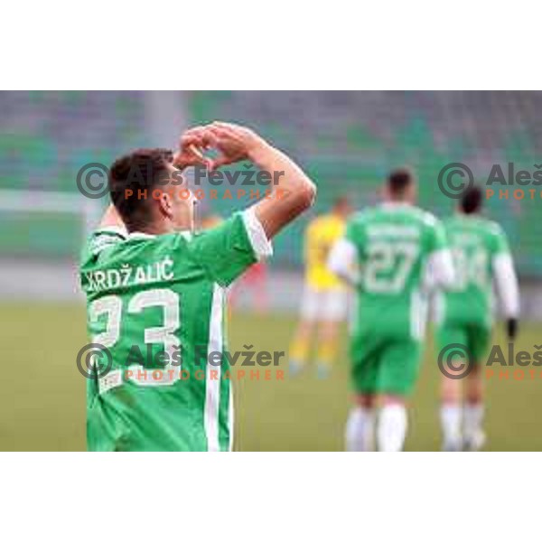 Mustafa Nukic of Olimpija celebrates goal during Prva Liga Telemach 2022-2023 football match between Olimpija and Bravo in SRC Stozice, Ljubljana, Slovenia on February 11, 2023 