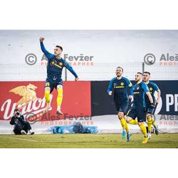 Gregor Bajde celebrating during Prva liga Telemach football match between Celje and Mura in Arena z’dezele, Celje, Slovenia on February 11, 2023. Photo: Jure Banfi