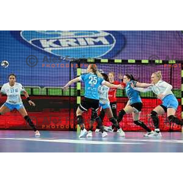 Barbara Lazovic of Krim Mercator in action during EHF Champions league Women 2022-2023 handball match between Krim Mercator (SLO) and CSM Bucuresti (ROU) in Ljubljana, Slovenia on February 12,2023