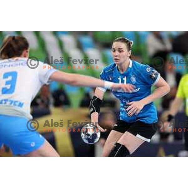 Daria Dmitrieva of Krim Mercator in action during EHF Champions league Women 2022-2023 handball match between Krim Mercator (SLO) and CSM Bucuresti (ROU) in Ljubljana, Slovenia on February 12,2023