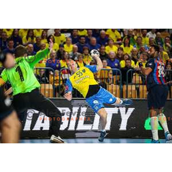 Ziga Mlakar in action during EHF Champions League handball match between Celje Pivovarna Lasko and Barcelona handball in Zlatorog Arena, Celje, Slovenia on February 15, 2023