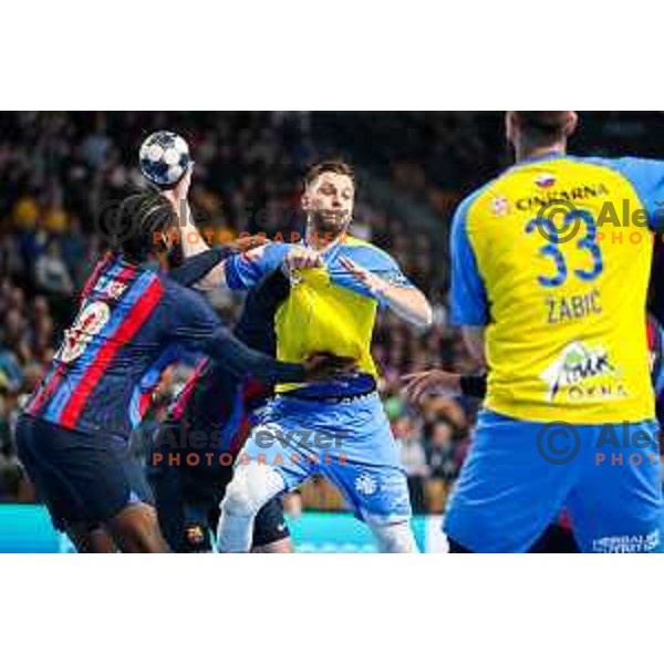 Aleks Vlah in action during EHF Champions League handball match between Celje Pivovarna Lasko and Barcelona handball in Zlatorog Arena, Celje, Slovenia on February 15, 2023