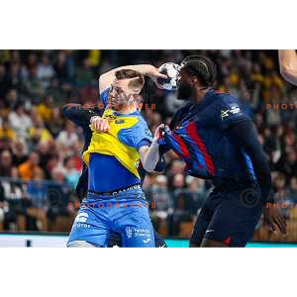 Aleks Vlah in action during EHF Champions League handball match between Celje Pivovarna Lasko and Barcelona handball in Zlatorog Arena, Celje, Slovenia on February 15, 2023