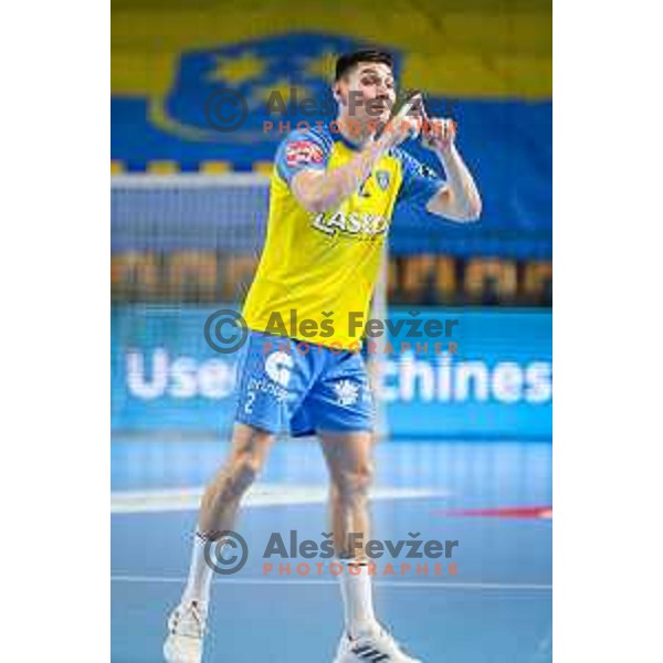 Tilen Strmljan in action during EHF Champions League handball match between Celje Pivovarna Lasko and Barcelona handball in Zlatorog Arena, Celje, Slovenia on February 15, 2023