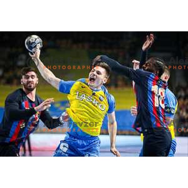 Tilen Strmljan in action during EHF Champions League handball match between Celje Pivovarna Lasko and Barcelona handball in Zlatorog Arena, Celje, Slovenia on February 15, 2023