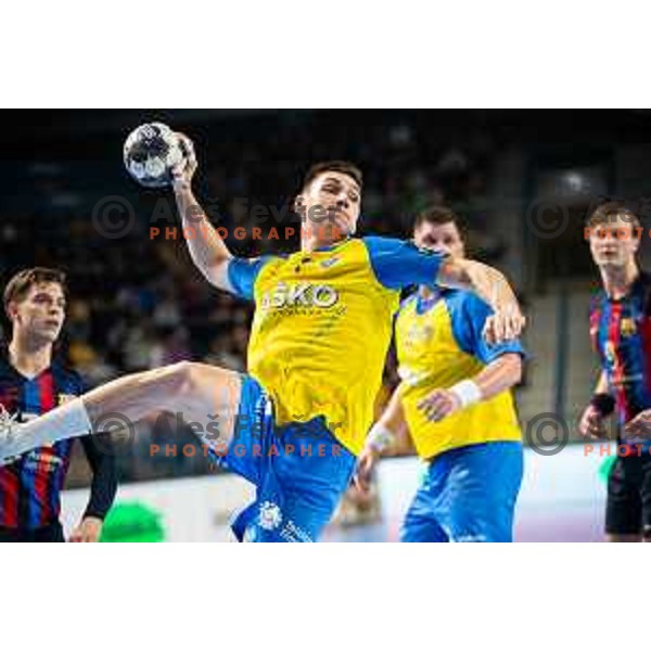 Tilen Strmljan in action during EHF Champions League handball match between Celje Pivovarna Lasko and Barcelona handball in Zlatorog Arena, Celje, Slovenia on February 15, 2023