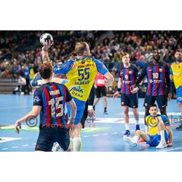 Ziga Mlakar in action during EHF Champions League handball match between Celje Pivovarna Lasko and Barcelona handball in Zlatorog Arena, Celje, Slovenia on February 15, 2023