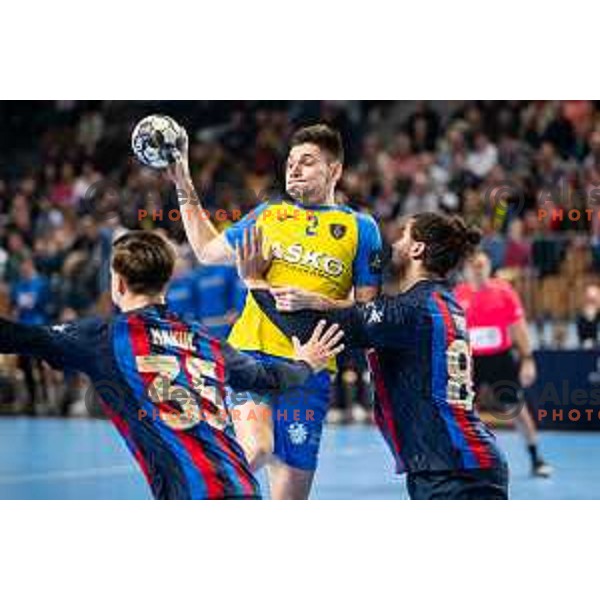 Tilen Strmljan in action during EHF Champions League handball match between Celje Pivovarna Lasko and Barcelona handball in Zlatorog Arena, Celje, Slovenia on February 15, 2023