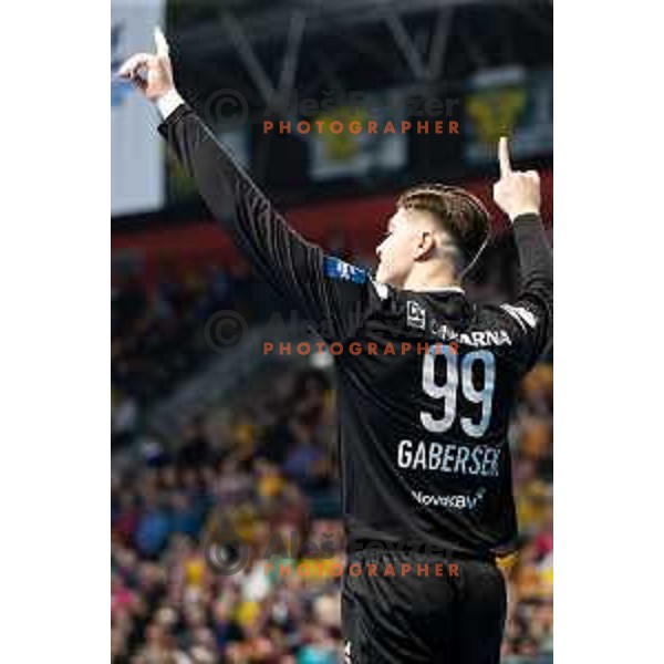 Gal Gabersek in action during EHF Champions League handball match between Celje Pivovarna Lasko and Barcelona handball in Zlatorog Arena, Celje, Slovenia on February 15, 2023