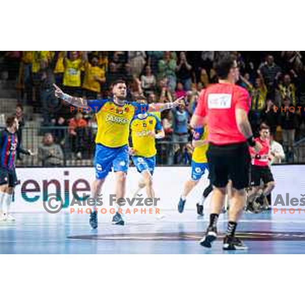 Matic Suholeznik in action during EHF Champions League handball match between Celje Pivovarna Lasko and Barcelona handball in Zlatorog Arena, Celje, Slovenia on February 15, 2023