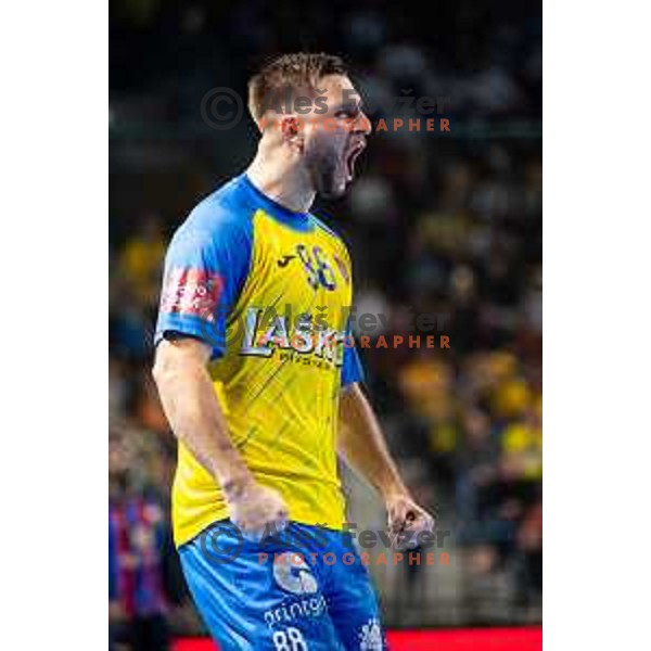 Aleks Vlah in action during EHF Champions League handball match between Celje Pivovarna Lasko and Barcelona handball in Zlatorog Arena, Celje, Slovenia on February 15, 2023