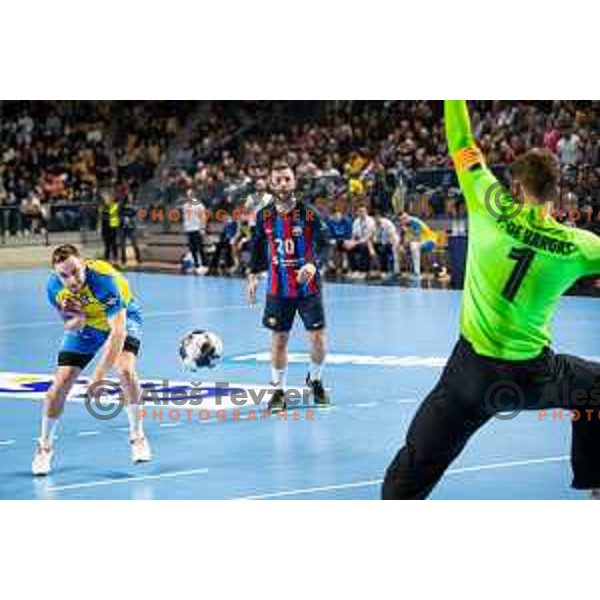 Gal Marguc in action during EHF Champions League handball match between Celje Pivovarna Lasko and Barcelona handball in Zlatorog Arena, Celje, Slovenia on February 15, 2023