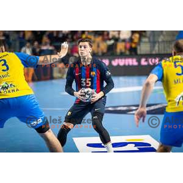 Domen Makuc in action during EHF Champions League handball match between Celje Pivovarna Lasko and Barcelona handball in Zlatorog Arena, Celje, Slovenia on February 15, 2023