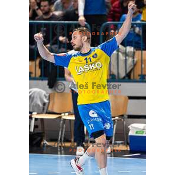 Gal Marguc in action during EHF Champions League handball match between Celje Pivovarna Lasko and Barcelona handball in Zlatorog Arena, Celje, Slovenia on February 15, 2023