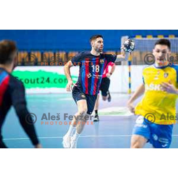 Blaz Janc in action during EHF Champions League handball match between Celje Pivovarna Lasko and Barcelona handball in Zlatorog Arena, Celje, Slovenia on February 15, 2023