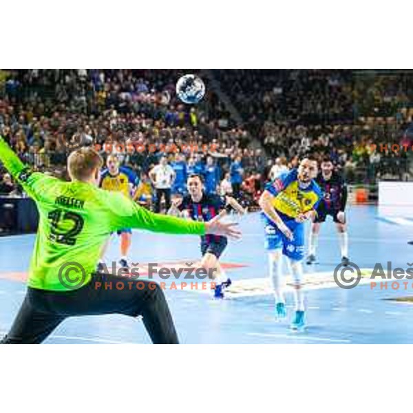 Aleks Vlah in action during EHF Champions League handball match between Celje Pivovarna Lasko and Barcelona handball in Zlatorog Arena, Celje, Slovenia on February 15, 2023