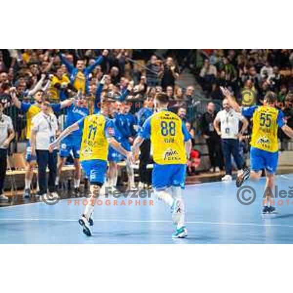 Aleks Vlah in Gal Marguc in action during EHF Champions League handball match between Celje Pivovarna Lasko and Barcelona handball in Zlatorog Arena, Celje, Slovenia on February 15, 2023