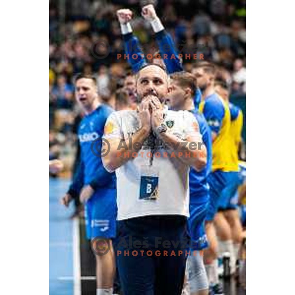 Alem Toskic in action during EHF Champions League handball match between Celje Pivovarna Lasko and Barcelona handball in Zlatorog Arena, Celje, Slovenia on February 15, 2023