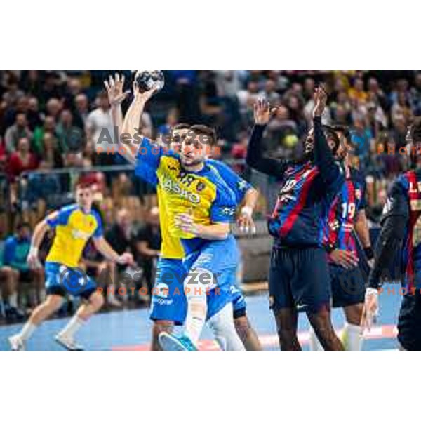 Aleks Vlah in action during EHF Champions League handball match between Celje Pivovarna Lasko and Barcelona handball in Zlatorog Arena, Celje, Slovenia on February 15, 2023