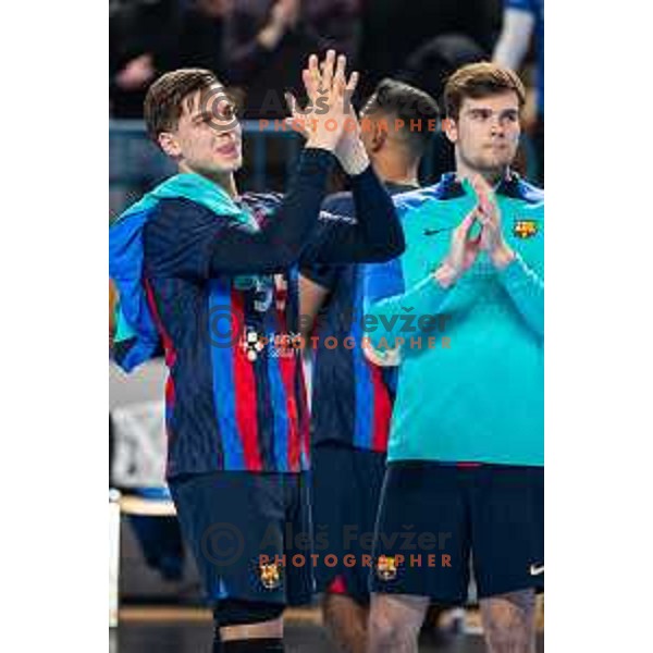 Domen Makuc in action during EHF Champions League handball match between Celje Pivovarna Lasko and Barcelona handball in Zlatorog Arena, Celje, Slovenia on February 15, 2023