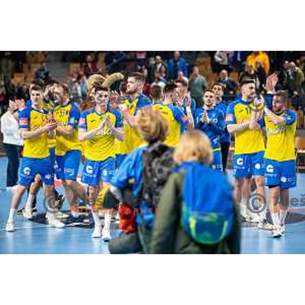 Tadej Mazej, Tilen Strmljan, Matic Suholeznik, Gal Marguc during EHF Champions League handball match between Celje Pivovarna Lasko and Barcelona handball in Zlatorog Arena, Celje, Slovenia on February 15, 2023