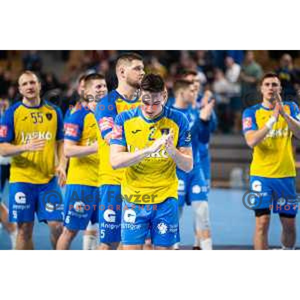 Tilen Strmljan during EHF Champions League handball match between Celje Pivovarna Lasko and Barcelona handball in Zlatorog Arena, Celje, Slovenia on February 15, 2023