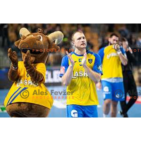 Ziga Mlakar in action during EHF Champions League handball match between Celje Pivovarna Lasko and Barcelona handball in Zlatorog Arena, Celje, Slovenia on February 15, 2023