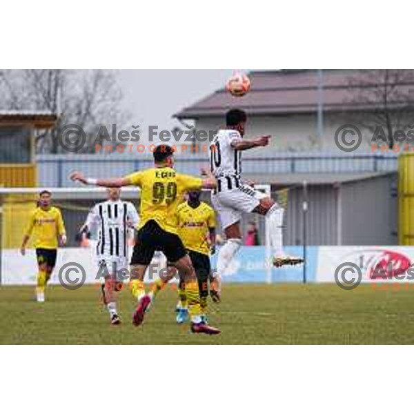 Filip Cuic of Kalcer Radomlje and Darick Kobie Morris of Mura during Prva Liga Telemach 2022-2023 football match between Kalcer Radomlje and Mura in Sportni park Domzale, Domzale, Slovenia on February 18, 2023