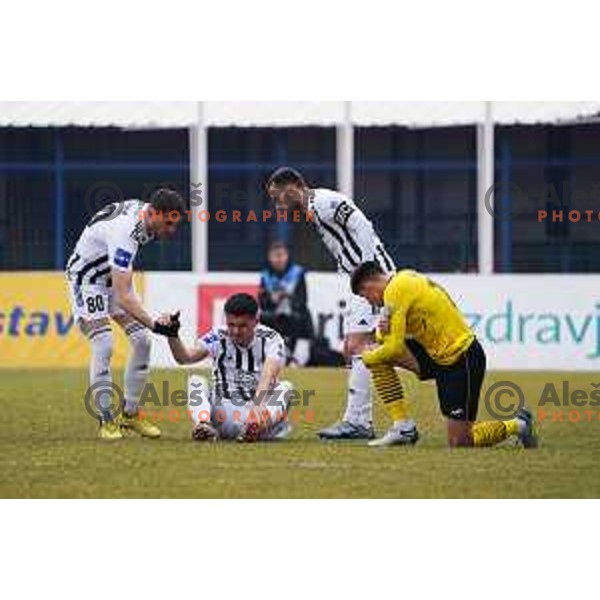 Nikola Petkovic, Mirlind Daku and Ziga Kous of Mura during Prva Liga Telemach 2022-2023 football match between Kalcer Radomlje and Mura in Sportni park Domzale, Domzale, Slovenia on February 18, 2023