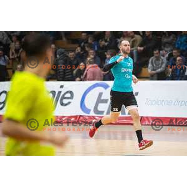 Timotej Grmsek in action during EHF European Cup handball match between Gorenje Velenje and Sabbianco Anorthosis Famagusta in Red Hall, Velenje, Slovenia on February 18, 2023