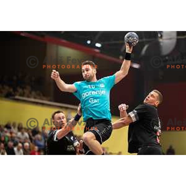 Urban Pipp in action during EHF European Cup handball match between Gorenje Velenje and Sabbianco Anorthosis Famagusta in Red Hall, Velenje, Slovenia on February 18, 2023