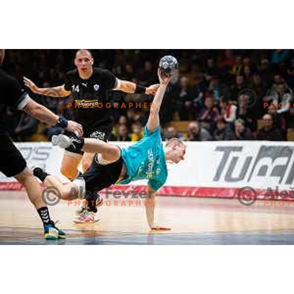 Domen Tajnik in action during EHF European Cup handball match between Gorenje Velenje and Sabbianco Anorthosis Famagusta in Red Hall, Velenje, Slovenia on February 18, 2023