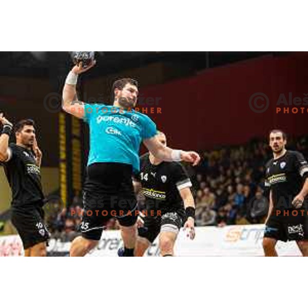 Branko Predovic in action during EHF European Cup handball match between Gorenje Velenje and Sabbianco Anorthosis Famagusta in Red Hall, Velenje, Slovenia on February 18, 2023