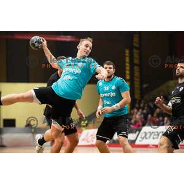 Domen Tajnik in action during EHF European Cup handball match between Gorenje Velenje and Sabbianco Anorthosis Famagusta in Red Hall, Velenje, Slovenia on February 18, 2023