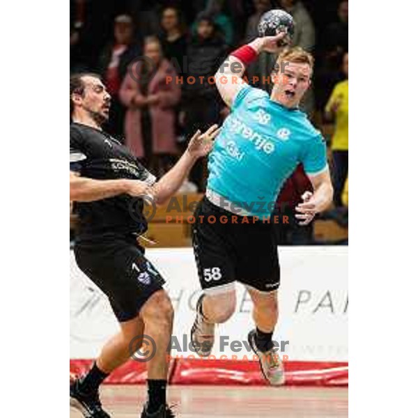 Nejc Hribersek in action during EHF European Cup handball match between Gorenje Velenje and Sabbianco Anorthosis Famagusta in Red Hall, Velenje, Slovenia on February 18, 2023