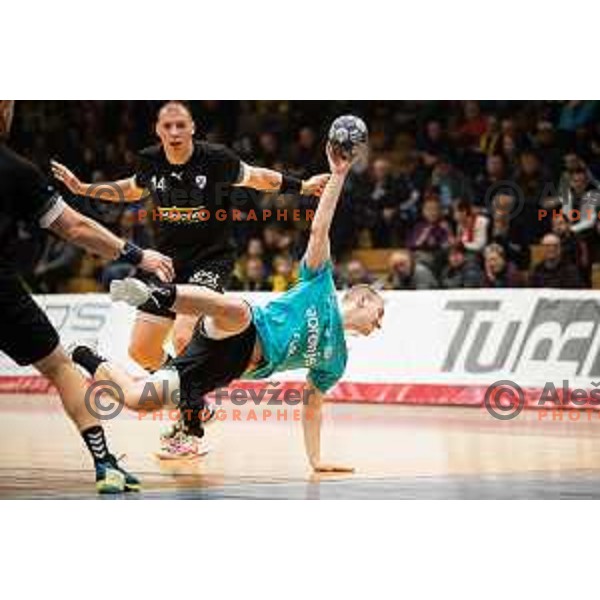 Domen Tajnik in action during EHF European Cup handball match between Gorenje Velenje and Sabbianco Anorthosis Famagusta in Red Hall, Velenje, Slovenia on February 18, 2023