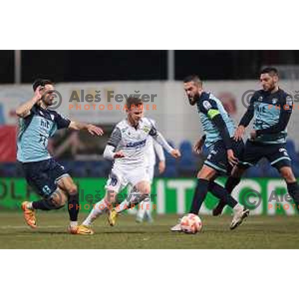 Darko Hrka and Rudi Pozeg Vancas in action during Prva Liga Telemach 2022-2023 football match between Gorica and Koper in Nova Gorica, Slovenia on February 18, 2023