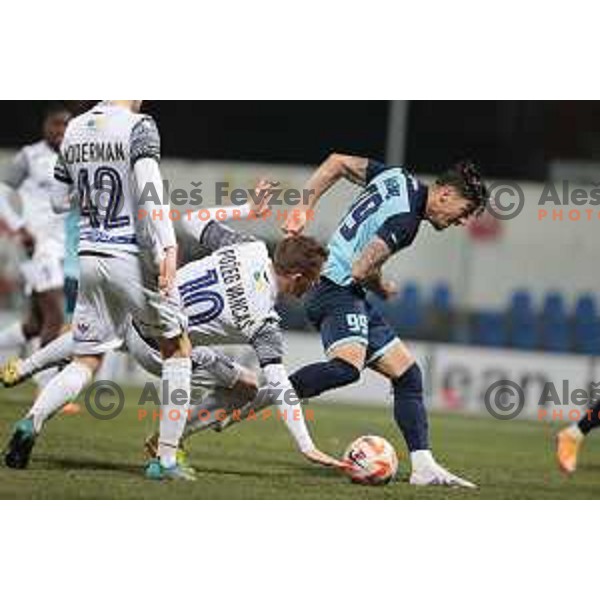 Rudi Pozeg Vancas and Alen Krajnc in action during Prva Liga Telemach 2022-2023 football match between Gorica and Koper in Nova Gorica, Slovenia on February 18, 2023