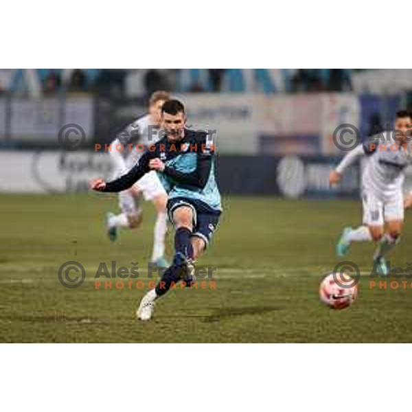 Matej Jukic scores goal from penalty during Prva Liga Telemach 2022-2023 football match between Gorica and Koper in Nova Gorica, Slovenia on February 18, 2023