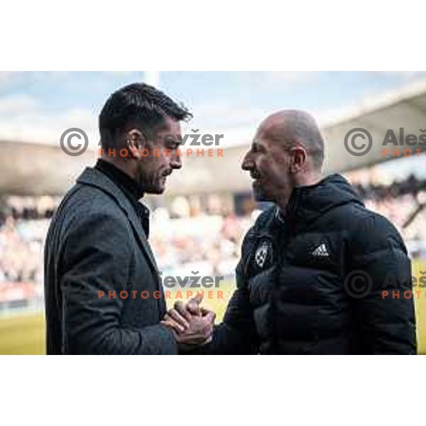 Albert Riera, head coach of Olimpija and Damir Krznar, head coach of Maribor during Prva liga Telemach football match between Maribor and Olimpija in Ljudski vrt, Maribor, Slovenia on February 19, 2023. Photo: Jure Banfi